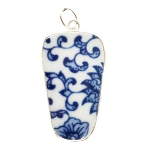 Broken China Pendant Blue & White Floral Repurposed Pottery Shard‎ Focal Jewelry